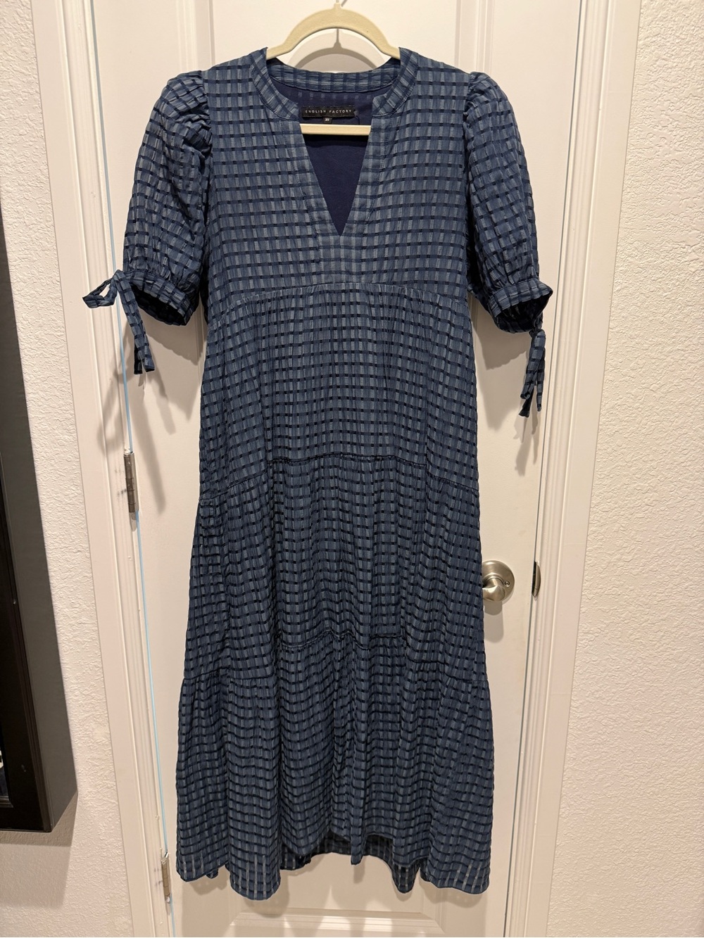 ✨English Factory✨ Navy Gingham Tiered Midi Dress